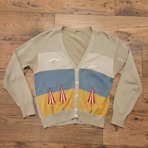 Vintage Twee Novelty Cropped Textured Cardigan With Beach And Vacation Applique